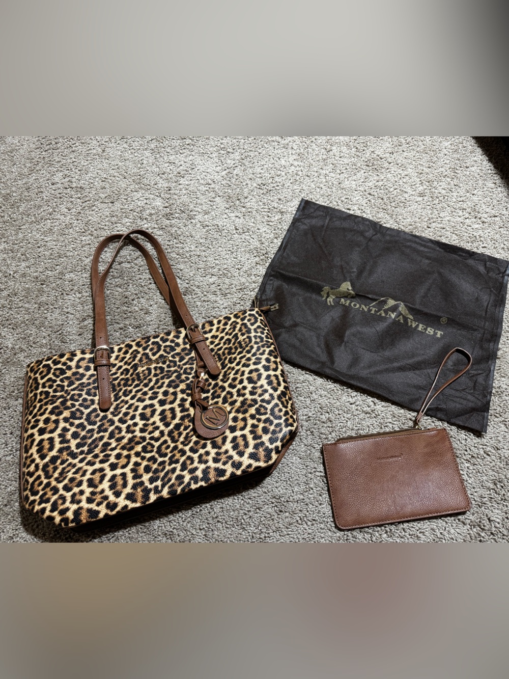 Montana West Leopard-Print Tote with Brown Trim and Matching Pouch